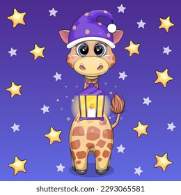 Cute cartoon giraffe in a nightcap is holding a lantern. Night vector illustration of an animal on a dark blue background with yellow stars.