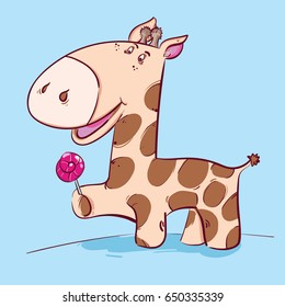 Cute cartoon giraffe on a blue background. Vector Illustration