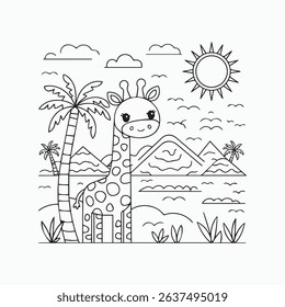 Cute Cartoon Giraffe on Tropical Island – Kids' Coloring Page. International Children's Book Day.
