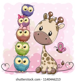 Cute Cartoon Giraffe and owls on a pink background