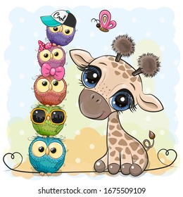 Cute Cartoon Giraffe and owls on a blue background