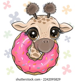 Cute Cartoon Giraffe with a pink donut