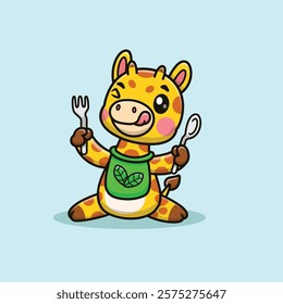 
Cute Cartoon Giraffe Preparing to Eat Holding a Spoon and Fork Vector Icon Illustration. Animal Food Icon Concept Isolated Premium Vector. Animals Cartoon Style