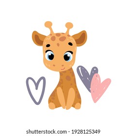 Cute cartoon giraffe. Print for baby posters, cards, clothes. Vector cartoon illustration.