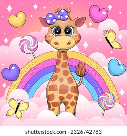 A cute cartoon giraffe with a purple bow stands in the clouds. Vector illustration of an animal with butterflies, hearts, rainbow, clouds on a pink background.