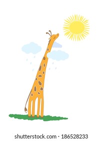 Cute cartoon giraffe in the rain
