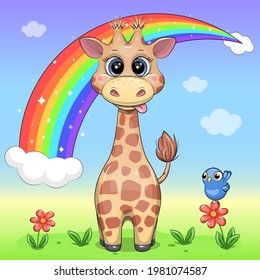 Cute cartoon giraffe with rainbow. Vector illustration of an animal in nature.