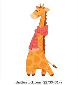 Cute cartoon giraffe in a red scarf on a white background. Vector illustration.