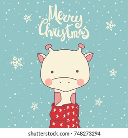 Cute cartoon giraffe in red scarf. Blue background with snowflakes, dots and Merry Christmas calligraphy text. Xmas card template. (clipping mask used)