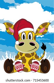 Cute Cartoon Giraffe in Santa Claus Hat 
