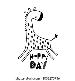 Cute cartoon giraffe in scandinavian style. Black and white childish vector illustration
