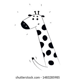 Cute cartoon giraffe in scandinavian style. Design element for t shirt template, surface design, baby shower. Black and white childish vector illustration isolated on white background