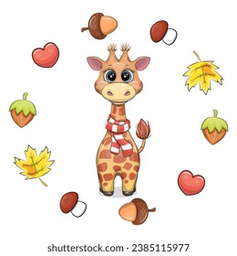 Cute cartoon giraffe with a scarf in autumn frame. Vector illustration of an animal with nuts, acorns, leaves, hearts and mushrooms on a white background.