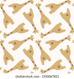 Cute Cartoon Giraffe Seamless Vector Pattern. Hand Drawn Kawaii Safari Animal Background Illustration. Kid Doodle in Flat Color for Baby, Nursery & Child Adorable Wallpaper, Textile Home Decor. EPS 10