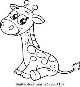 Cute cartoon giraffe sitting down, outlined in black and white. Great for coloring books and children's illustrations.