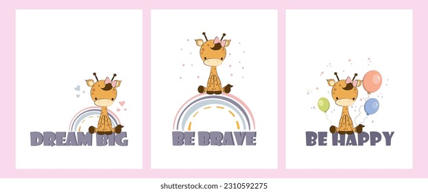 cute cartoon giraffe sitting on the big quote letters . Cartoon doodle animal characters collection. Cute baby giraffe vector poster set. Cheerful giraffe for baby showers celebration