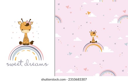 cute cartoon giraffe sitting on the rainbow . Sweet dreams qoute.Cartoon doodle animal characters. Cute baby girl giraffe nursery vector posters set. cute cartoon giraffe seamless pattern