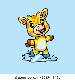 Cute Cartoon Giraffe Skating on Ice Vector Icon Illustration. Animal Holidays Icon Concept Isolated Premium Vector. Holidays Cartoon Style