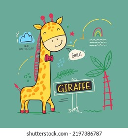 Cute cartoon giraffe smiling on trees and leaves background