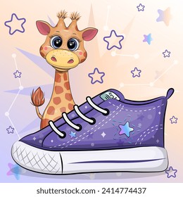 A cute cartoon giraffe with a sneaker. Vector illustration of an animal on a blue and pink background with stars.
