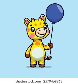 Cute Cartoon Giraffe Standing Holding Balloons Vector Icon Illustration. Animal Holiday Icon Concept Isolated Premium Vector. Animals Cartoon Style.
