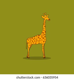 Cute Cartoon Giraffe Standing Isolated on a Green Background Vector Illustration