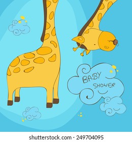 Cute cartoon of a giraffe with stylish text of Baby Shower on blue background, can be used as greeting card or invitation card for baby shower celebration.