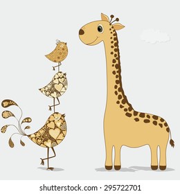 Cute cartoon giraffe and stylized ornamental birds