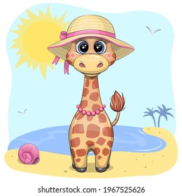 Cute cartoon giraffe in summer hat on beach. Summer vector illustration with animal.