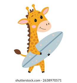 Cute cartoon giraffe with surfboard. Vector illustration isolated on white background.