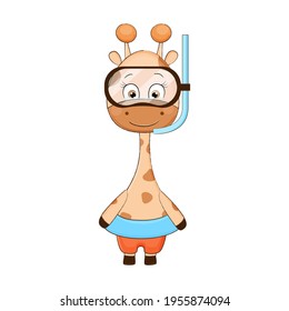 Cute cartoon giraffe in swimming mask and rubber ring. Vector illustration.
