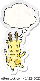 cute cartoon giraffe with thought bubble as a distressed worn sticker