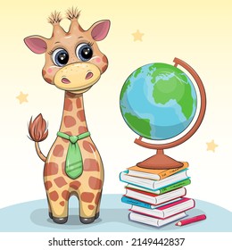 Cute cartoon giraffe in a tie with the books and a globe. School vector illustration on yellow background with stars.