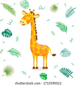 Cute Cartoon Giraffe With Tropical Leaves. Vector Character Illustration On White Isolated Background.