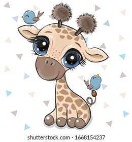 Cute Cartoon Giraffe with two birds on a white background