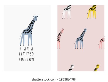 Cute cartoon Giraffe - vector illustration. Handwritten quote - I am a limited edition