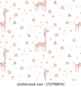 Cute Cartoon Giraffe Vektor nahtloses Muster. Handgezeichnetes Kindermädchen.