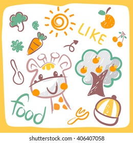Cute Cartoon Giraffe mit Gemüse und Obst auf weißem Hintergrund, Vektorgrafik.
