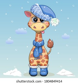 Cute cartoon giraffe in winter hat, scarf and boots. Winter vector illustration of animal on the blue background.