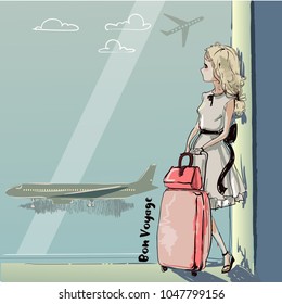 cute cartoon girl in airport