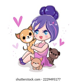 Cute cartoon girl in anime style with kawaii dogs. Vector illustration t-shirt print on a white background