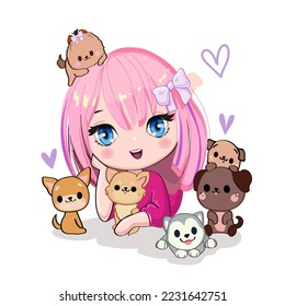 Cute cartoon girl in anime style with kawaii dogs. Vector illustration for children t-shirt print on a white background