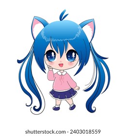 Cute cartoon girl in anime style with blue hair. Vector illustration chibi girl for children t-shirt print on a white background