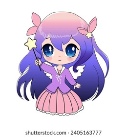 Cute cartoon girl in anime style. Vector illustration chibi fairy girl for children t-shirt print on a white background