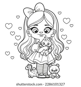 Cute cartoon girl with baby doll and toys outlined for coloring page on a white background