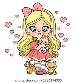 Cute cartoon girl with baby doll and toys color variation for coloring page on a white background