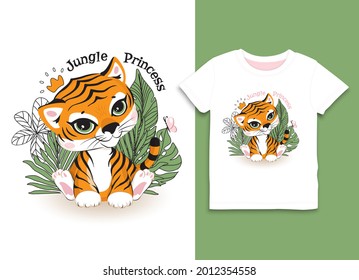 Cute cartoon girl baby tiger character, jungle princess. 2022 Chinese new year zodiac sign. Sweet adorable wilde cub sitting at leaves with crown and smiling, vector nursery poster, t-shirt print