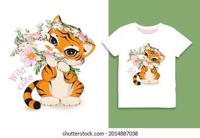 Cute cartoon girl baby tiger character, 2022 Chinese new year zodiac sign. Sweet adorable wild cub sits happy smiling, holding a bouquet of flowers, good vibes only vector poster, kids t-shirt print