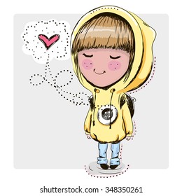 Cute Cartoon girl with backpack on a gray background
