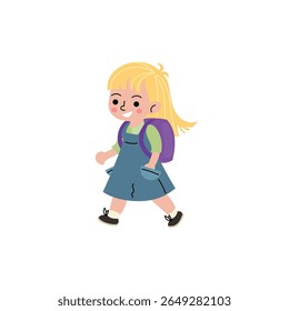 Cute cartoon girl with a backpack walking happily. Flat vector illustration of a school child in casual clothes, ideal for educational content, back to school themes, or children's designs.